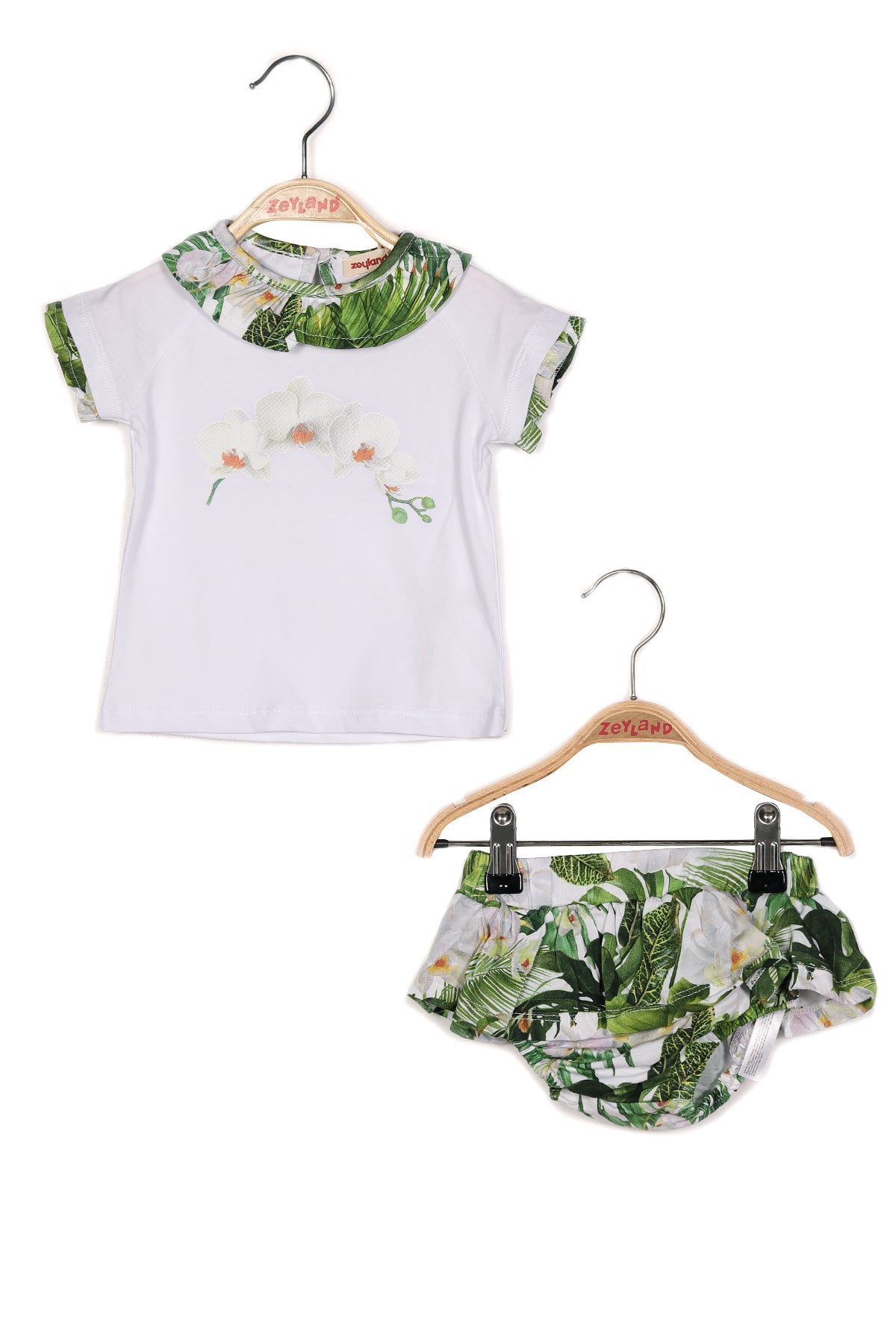 Kız Bebek Çiçek Baskılı Yakası Fırfırlı T-shirt ve Baskılı Fırfırlı Külot Takım-2