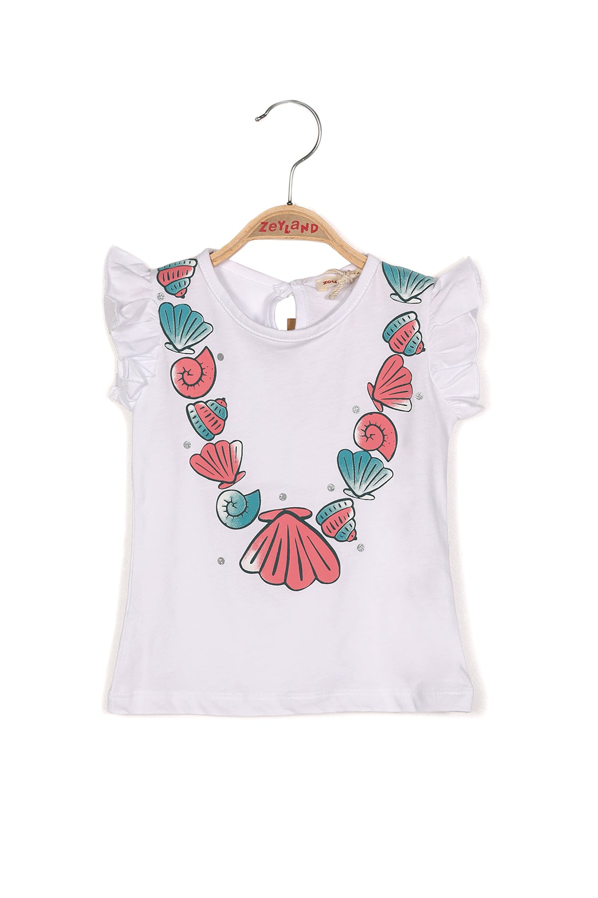 Kız Bebek Deniz Kabuğu Baskılı Kolları Fırfırlı T-shirt-1