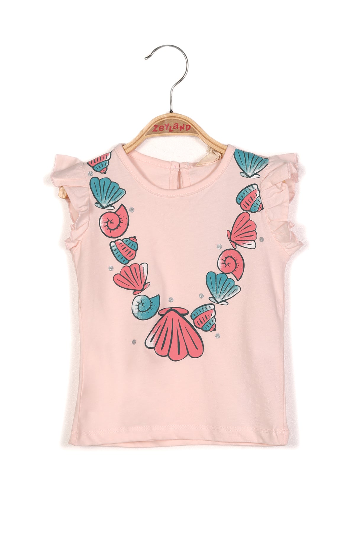 Kız Bebek Deniz Kabuğu Baskılı Kolları Fırfırlı T-shirt-1