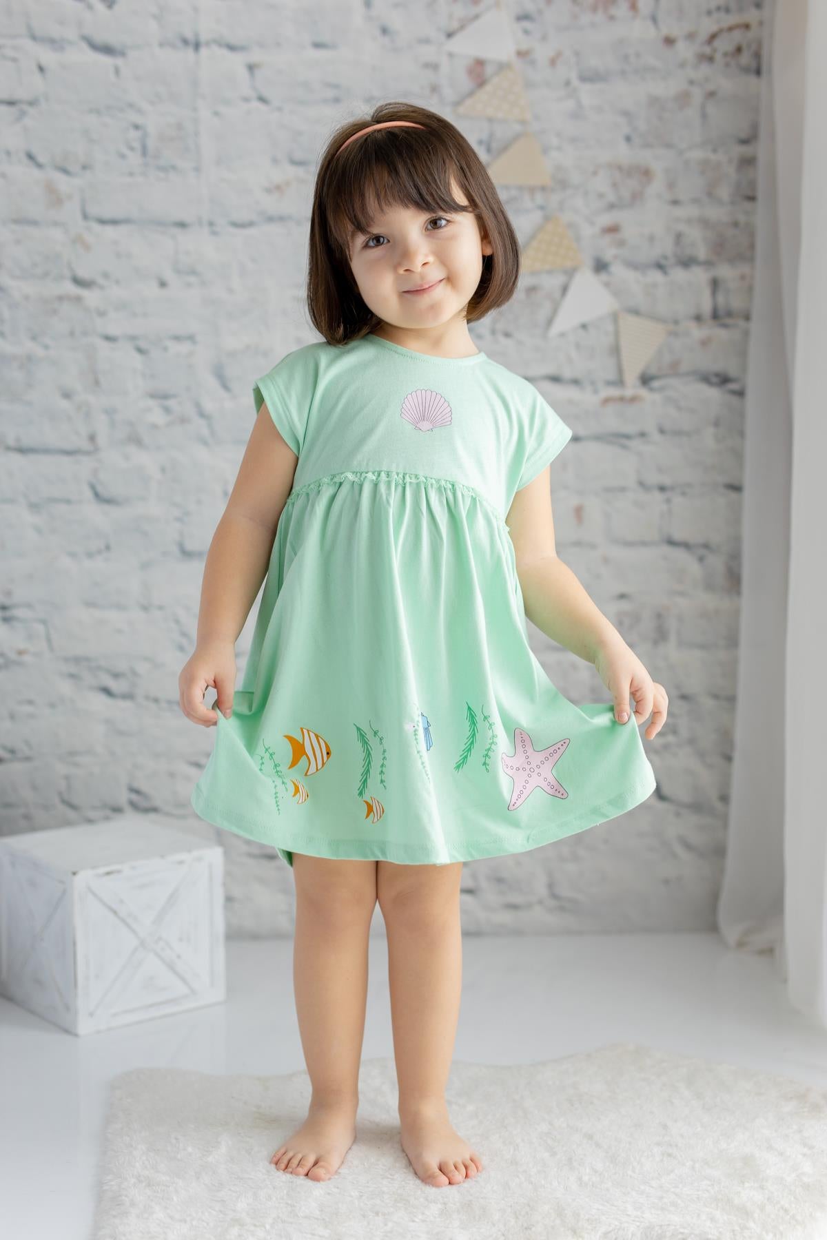 Kız Bebek Deniz Kabuğu Baskılı Örme Elbise-0