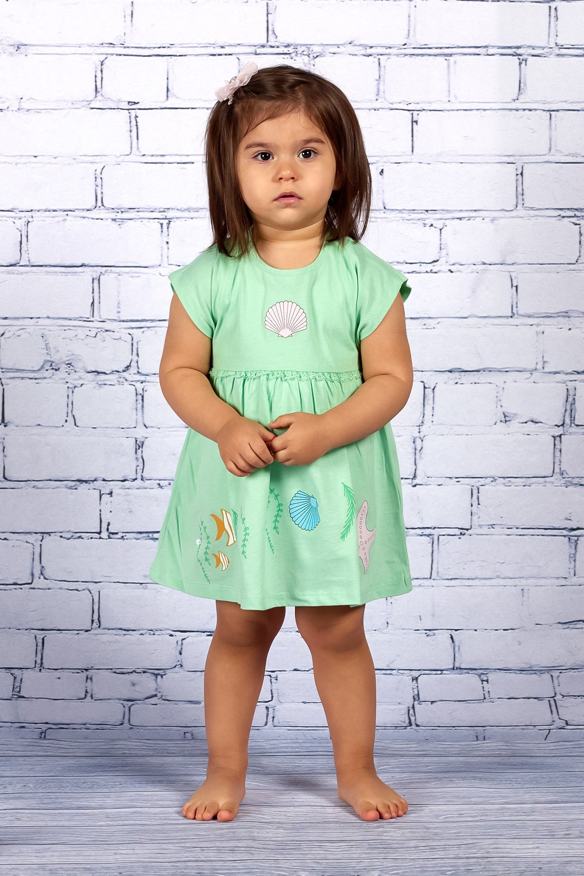 Kız Bebek Deniz Kabuğu Baskılı Örme Elbise-2