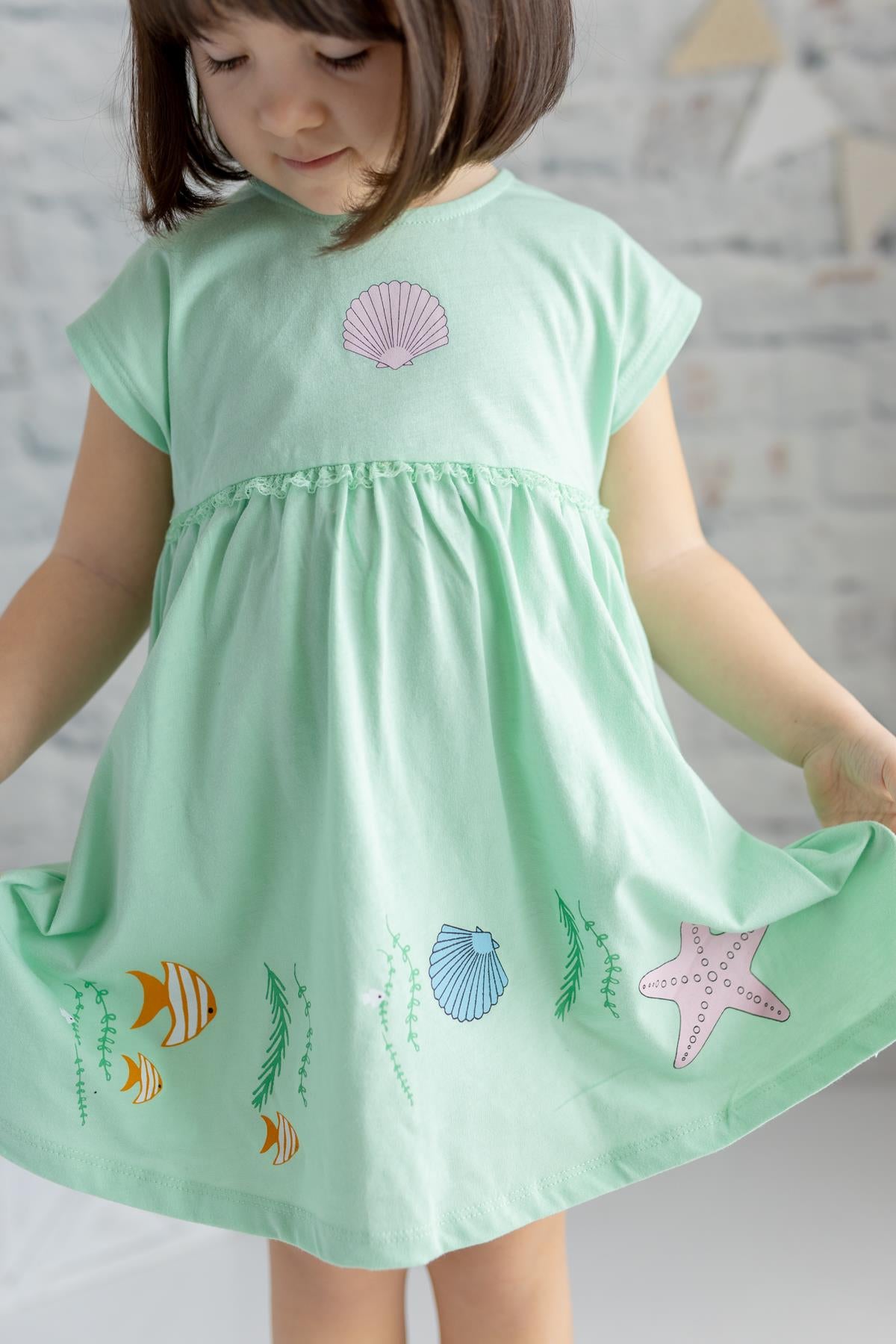 Kız Bebek Deniz Kabuğu Baskılı Örme Elbise-1