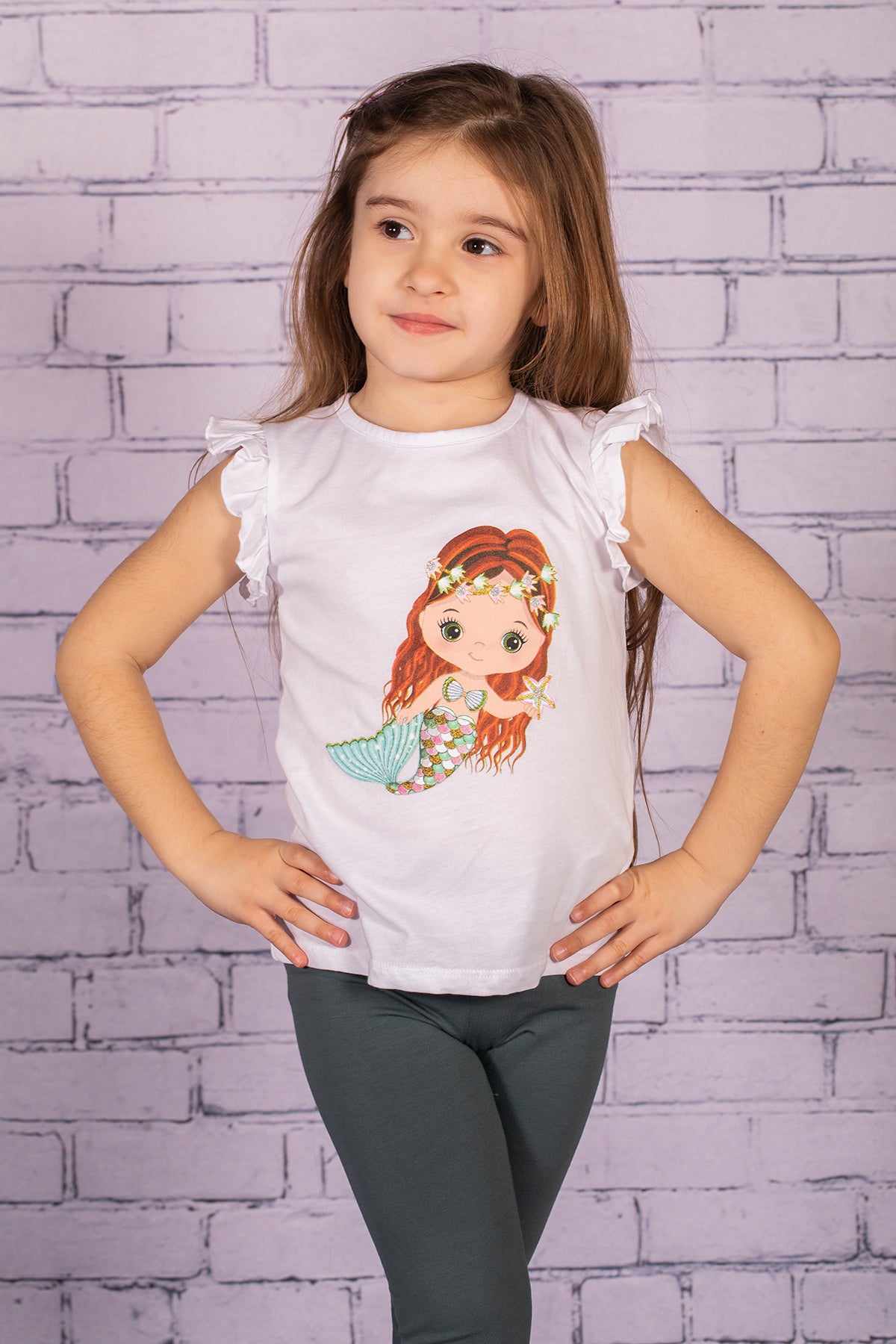 Kız Bebek Deniz Kızı Baskılı Beyaz Kolları Fırfırlı T-Shirt-0