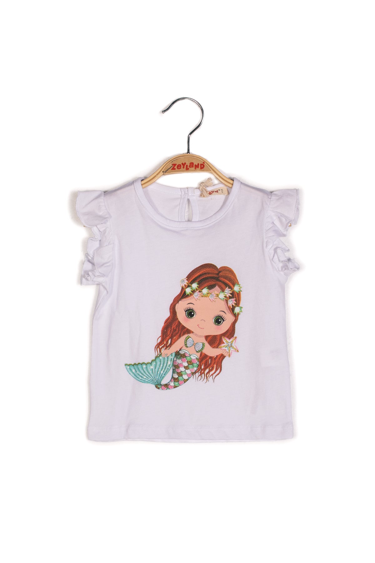 Kız Bebek Deniz Kızı Baskılı Beyaz Kolları Fırfırlı T-Shirt-2