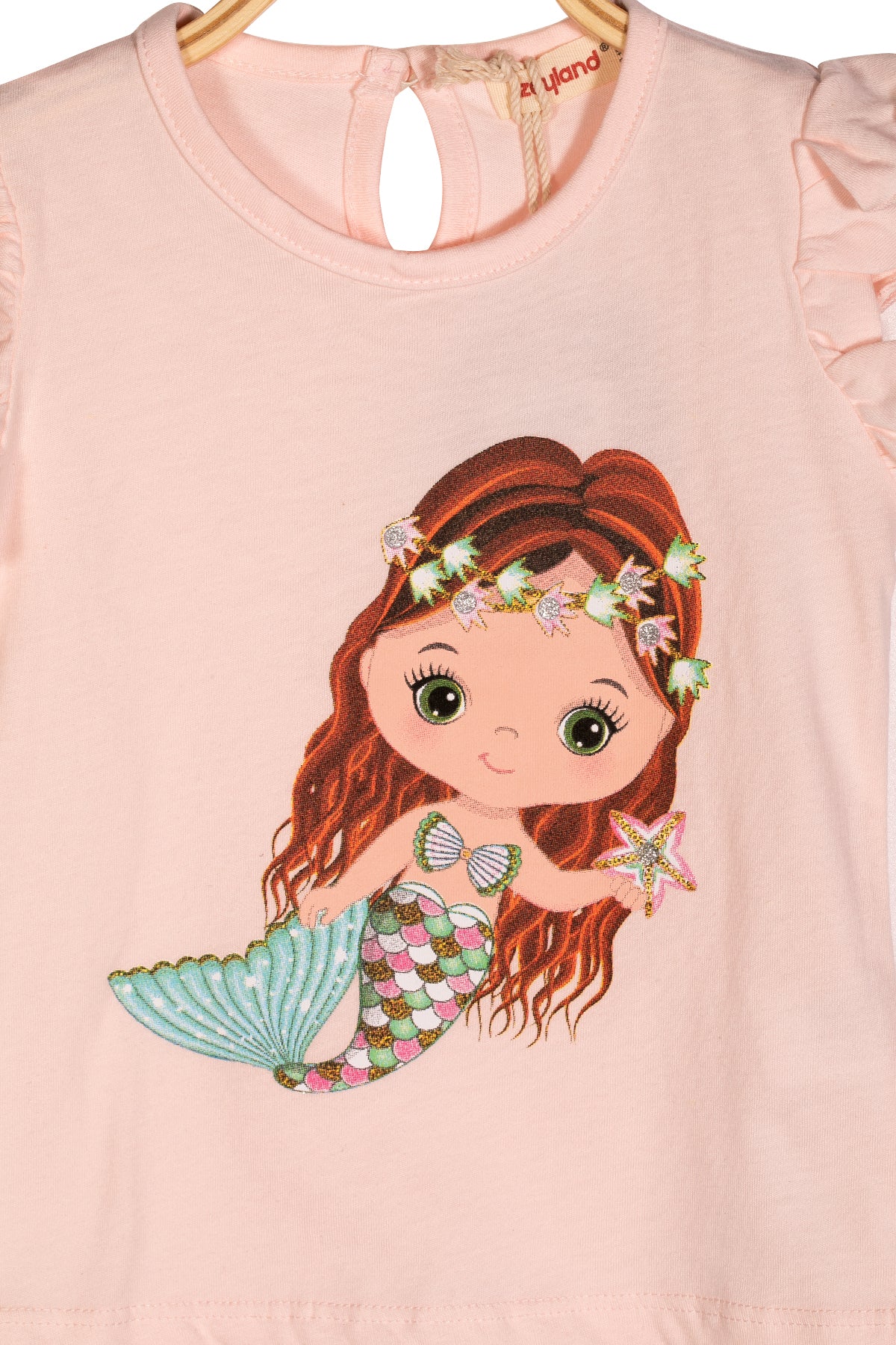 Kız Bebek Deniz Kızı Baskılı Pembe Kolları Fırfırlı T-Shirt-3
