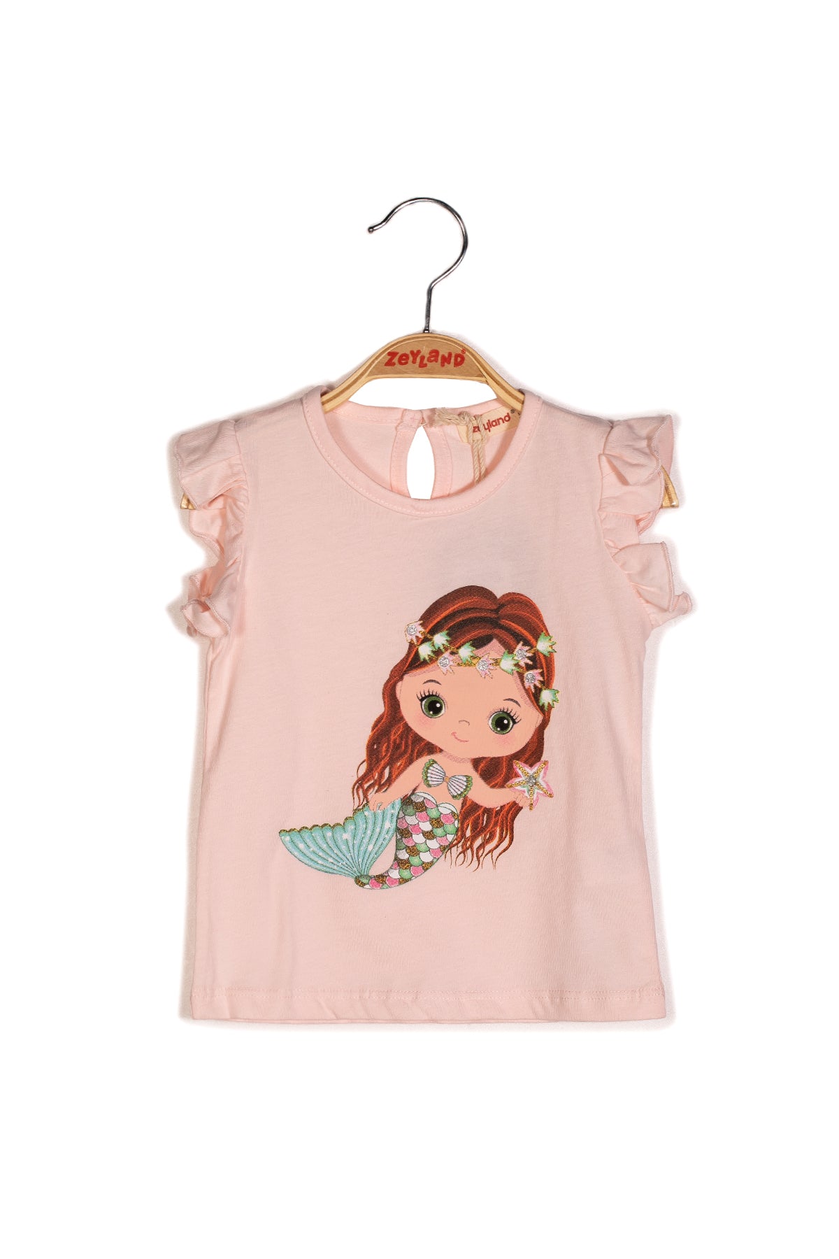 Kız Bebek Deniz Kızı Baskılı Pembe Kolları Fırfırlı T-Shirt-2