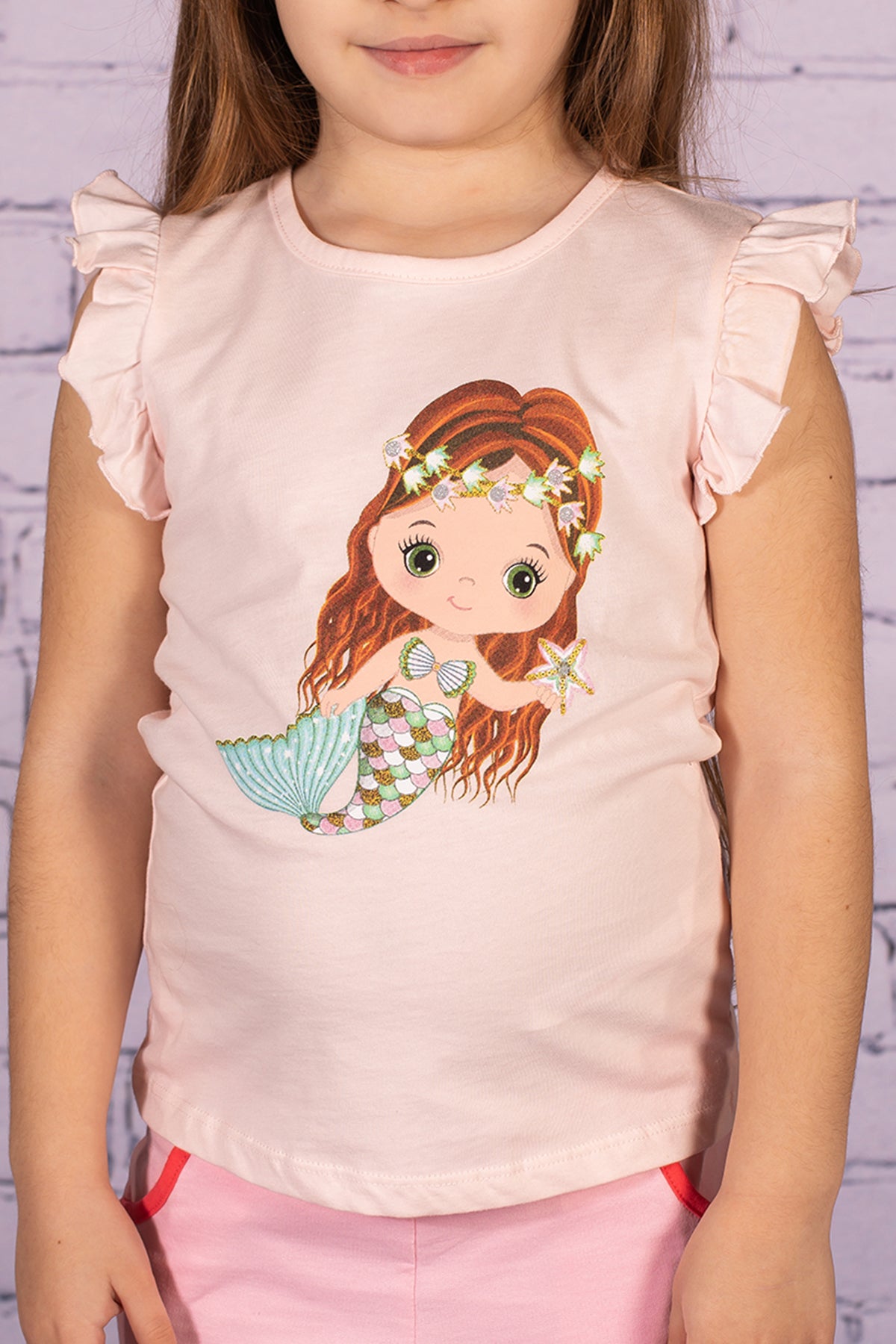 Kız Bebek Deniz Kızı Baskılı Pembe Kolları Fırfırlı T-Shirt-1