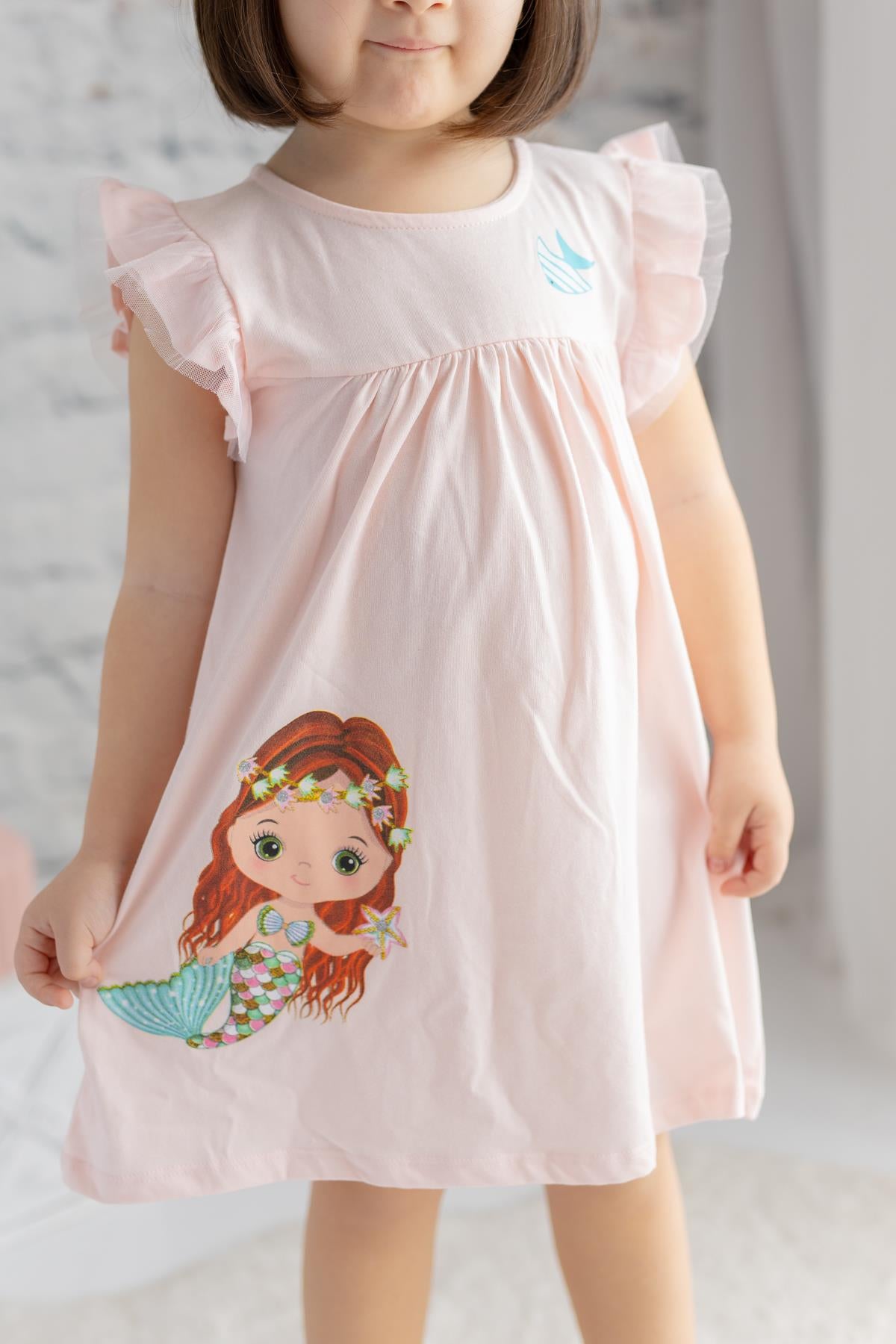 Kız Bebek Deniz Kızı Baskılı Pembe Kolsuz Elbise-1