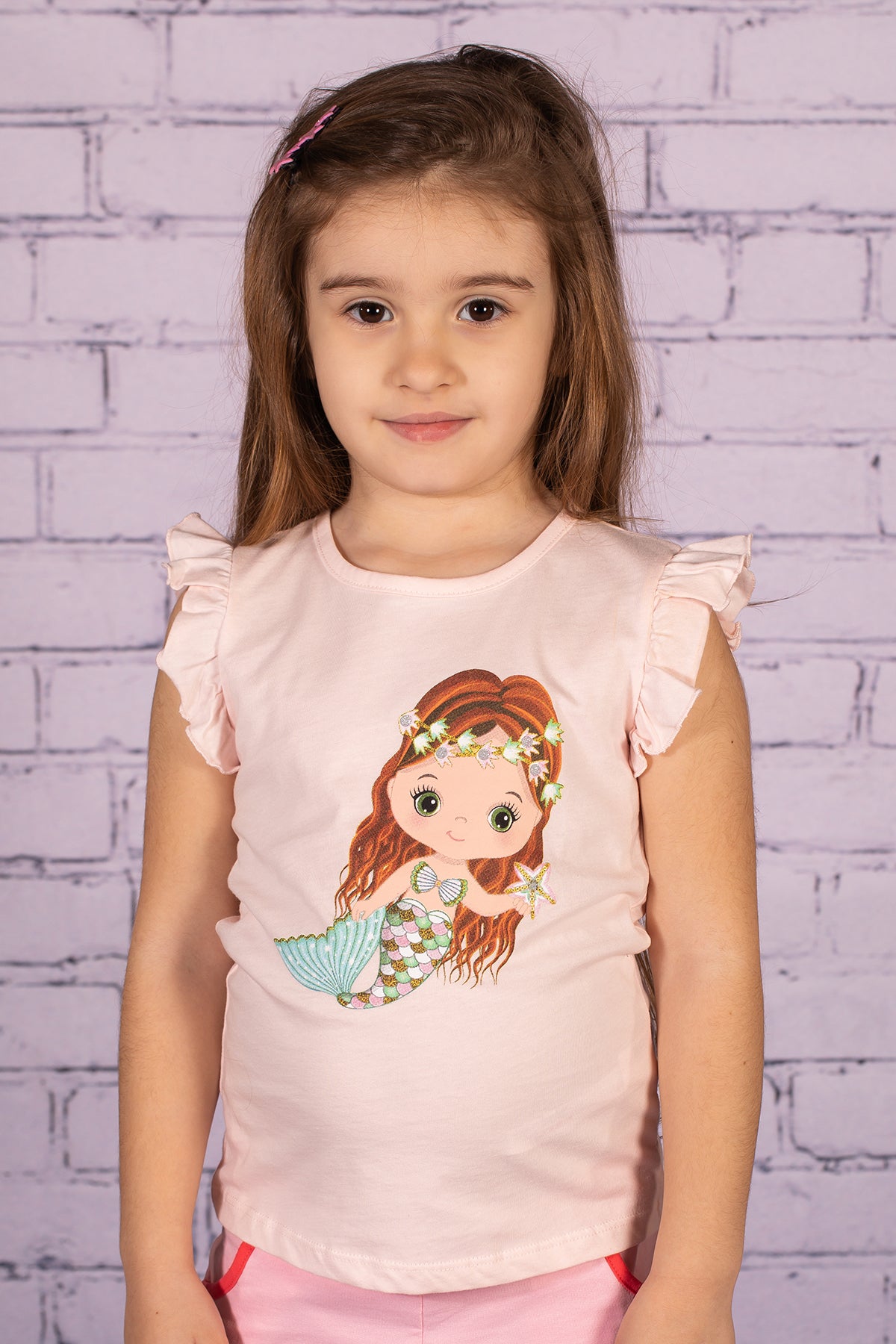 Kız Bebek Deniz Kızı Baskılı Pembe Kolları Fırfırlı T-Shirt-0