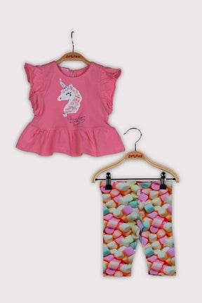 Kız Bebek Kolları Fırfırlı Pullu T-Shirt ve Tayt Takım (12ay-5yaş)-0