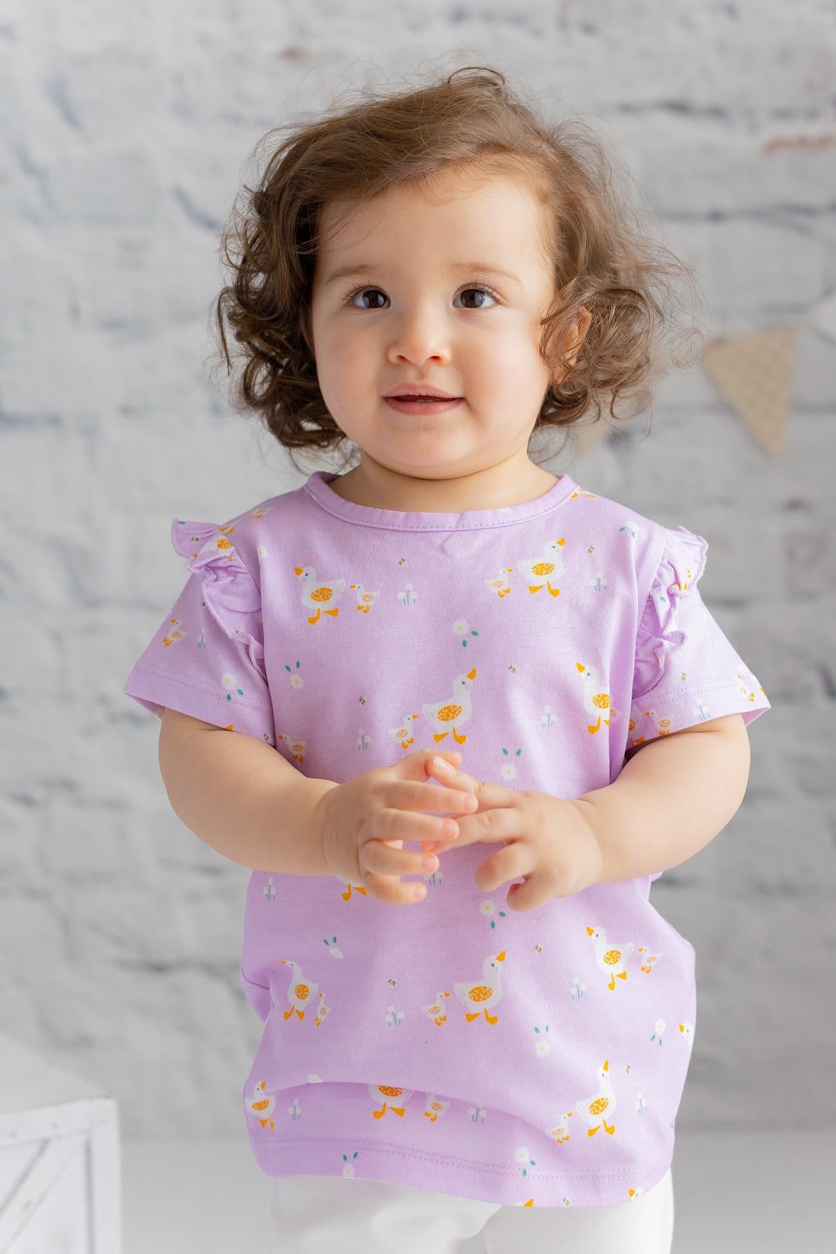 Kız Bebek Ördek Baskılı Kısa Kollu T-shirt-0