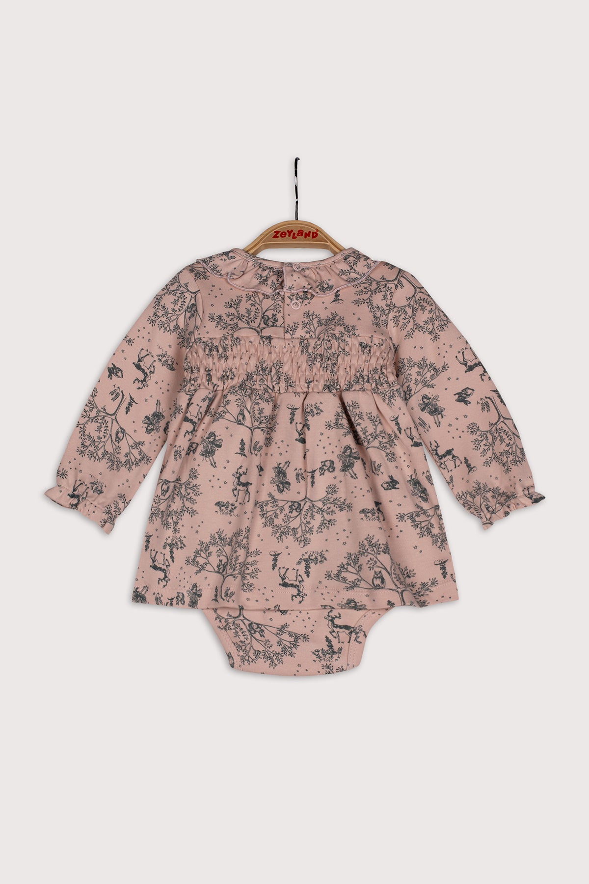 Kız Bebek Pembe Uzun Kollu Kendinden Badili Desenli Elbise (3-24ay)-1