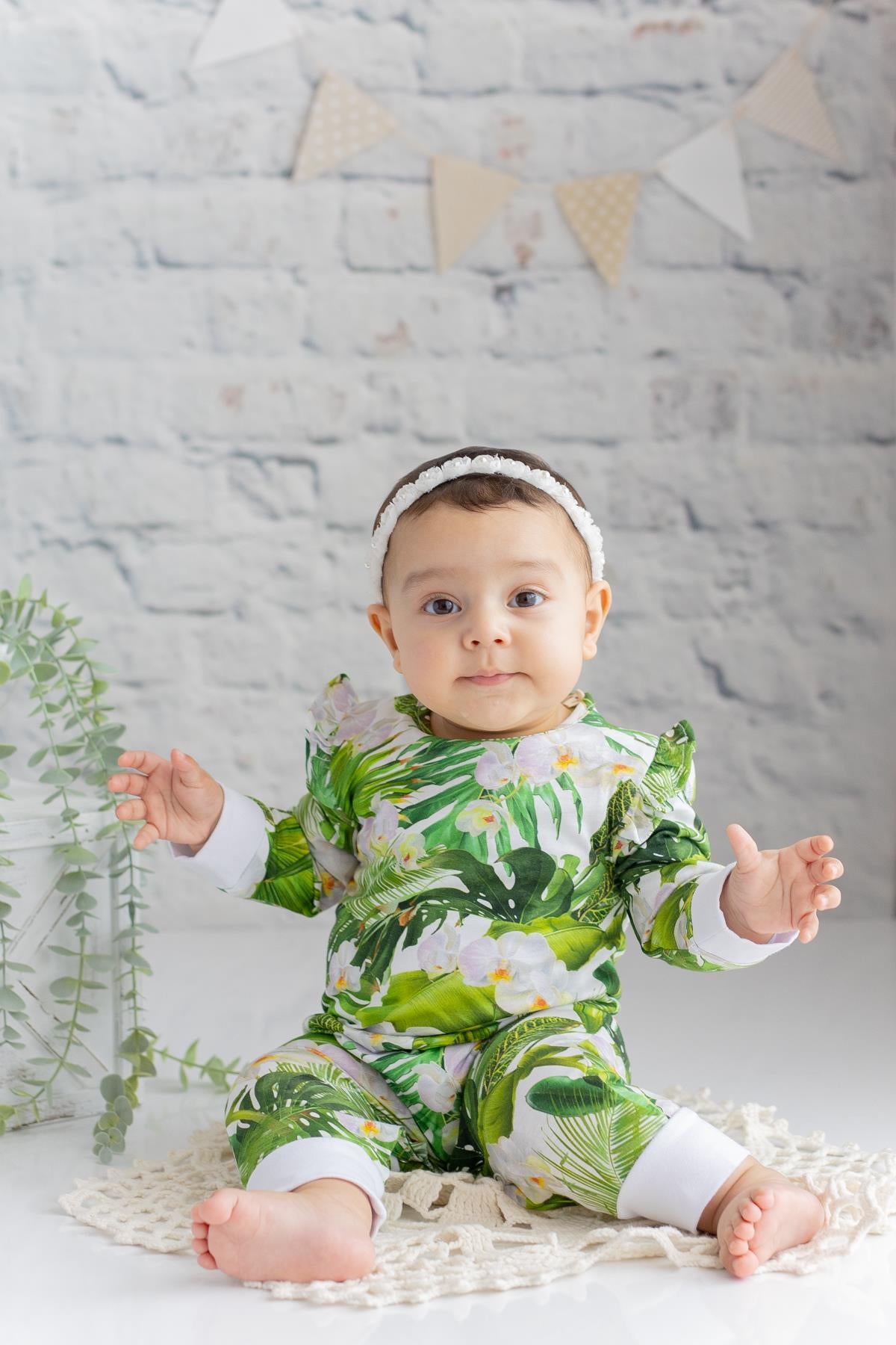Kız Bebek Yeşil Yaprak Baskılı Uzun Kollu Tulum-0