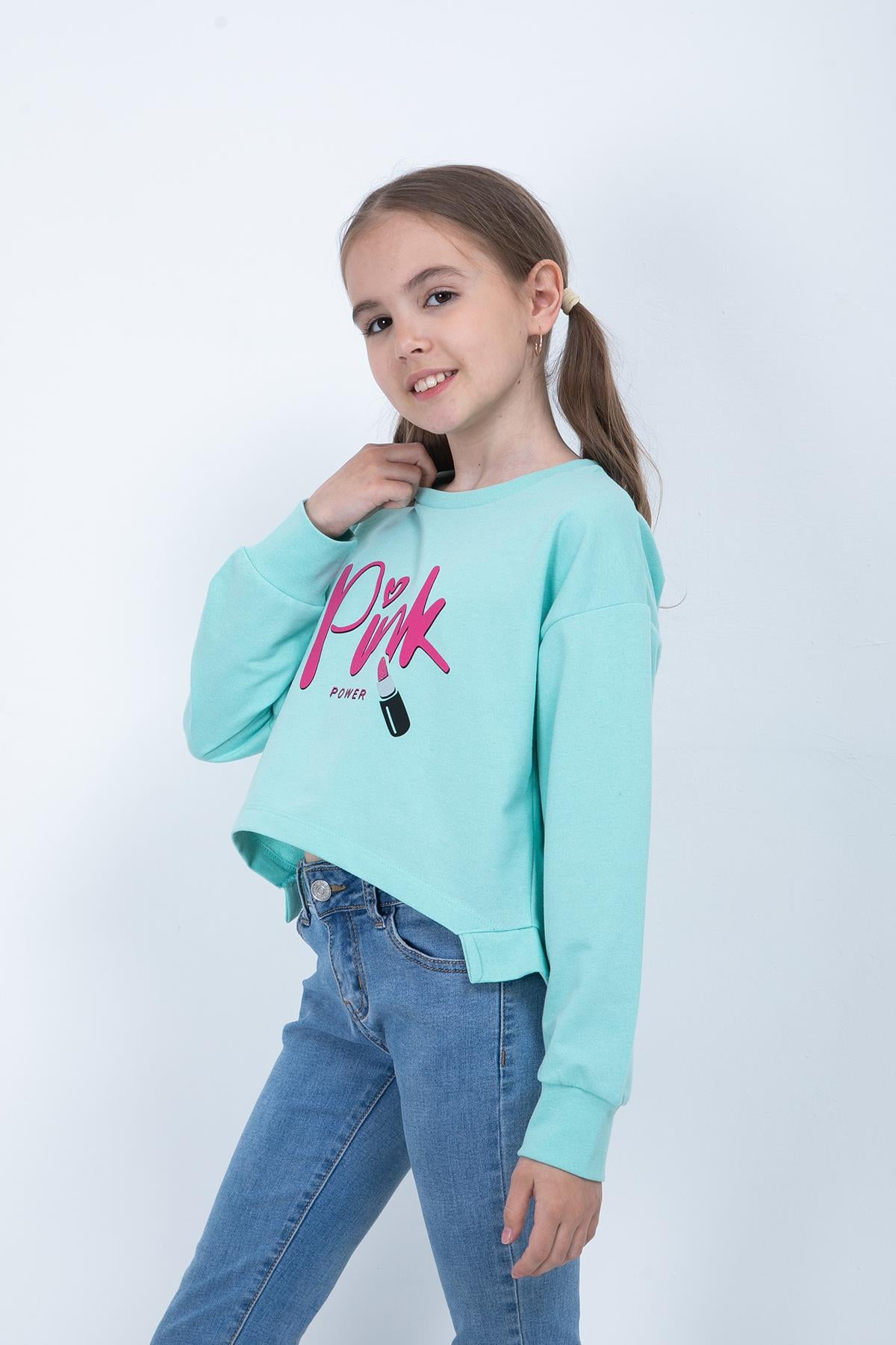Kız Çocuk Baskılı Crop Sweatshirt-1