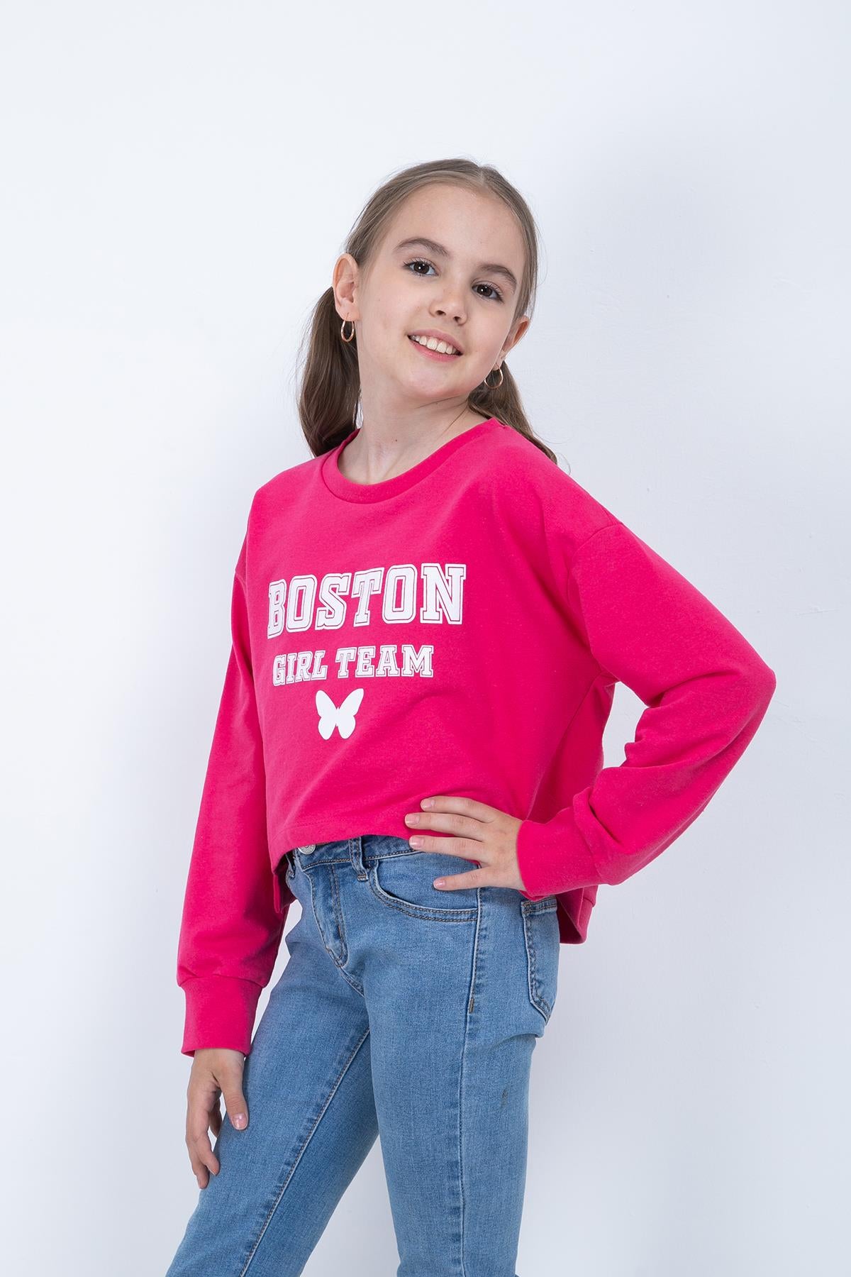 Kız Çocuk Baskılı Crop Sweatshirt-1
