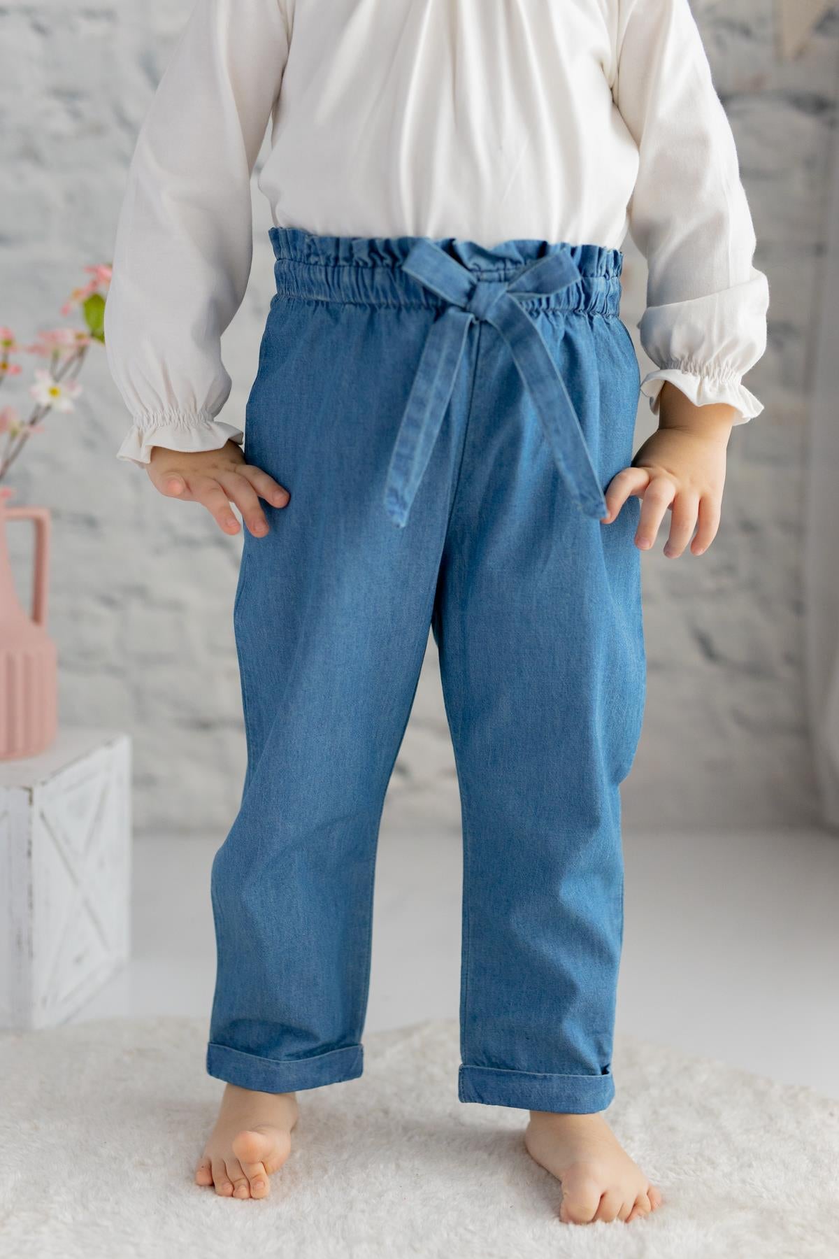 Kız Çocuk Beli Lastikli Denim Pantolon-0