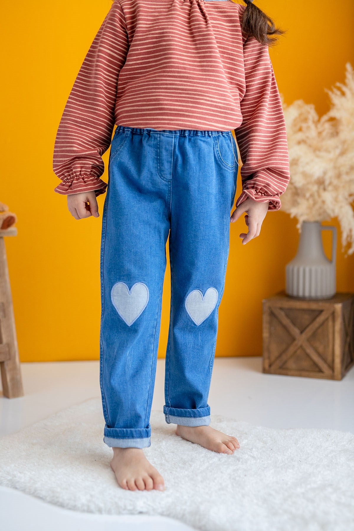 Kız Çocuk Beli Lastikli Kalp Nakışlı Denim Pantolon (2-7yaş)-0