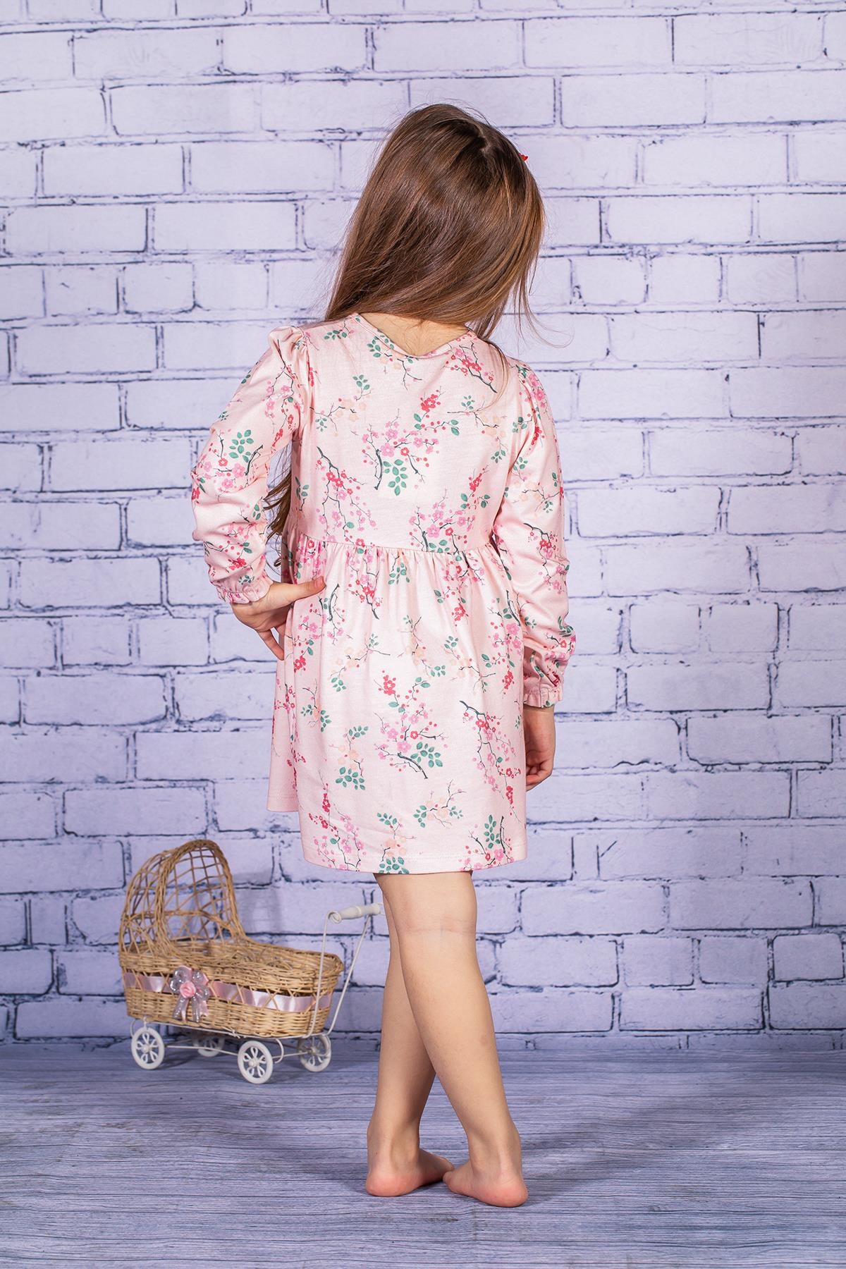 Kız Çocuk Çiçek Desenli Uzun Kollu Elbise-1