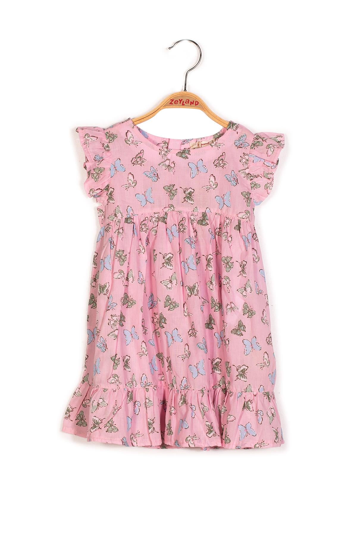 Kız Çocuk Desenli Fırfırlı Dokuma Elbise-3