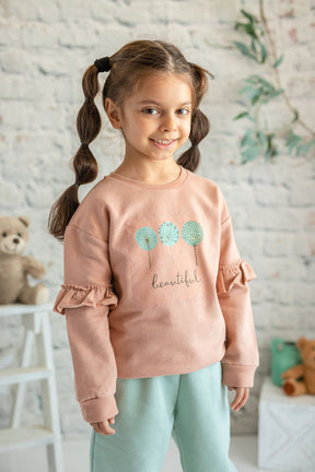 Kız Çocuk Kolları Fırfırlı Beautiful Baskılı Sweatshirt (2-7yaş)-0