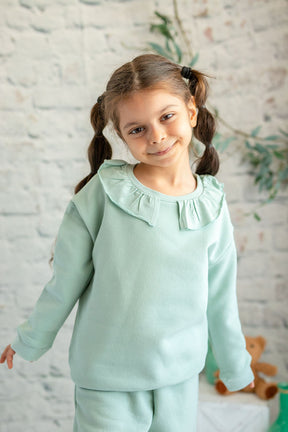 Kız Çocuk Mint Fırfır Yakalı Şardonlu Sweatshirt (2-7yaş)-0