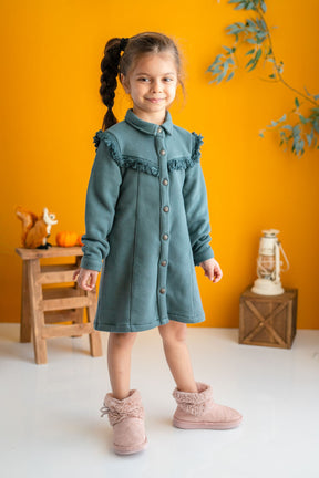 Kız Çocuk Püsküllü Düğmeli Yeşil Elbise (2-7yaş)-1