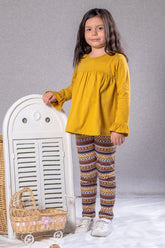 Kız Çocuk Sarı Etnik Desenli Kolları Fırfırlı Bluz ve Tayt Takım (2-7yaş)-0