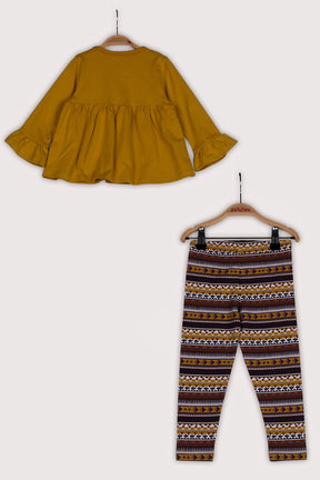 Kız Çocuk Sarı Etnik Desenli Kolları Fırfırlı Bluz ve Tayt Takım (2-7yaş)-2