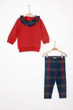Kız Çocuk Kırmızı Ekoseli Sweatshirt ve Tayt Takım (9ay-7yaş)-0