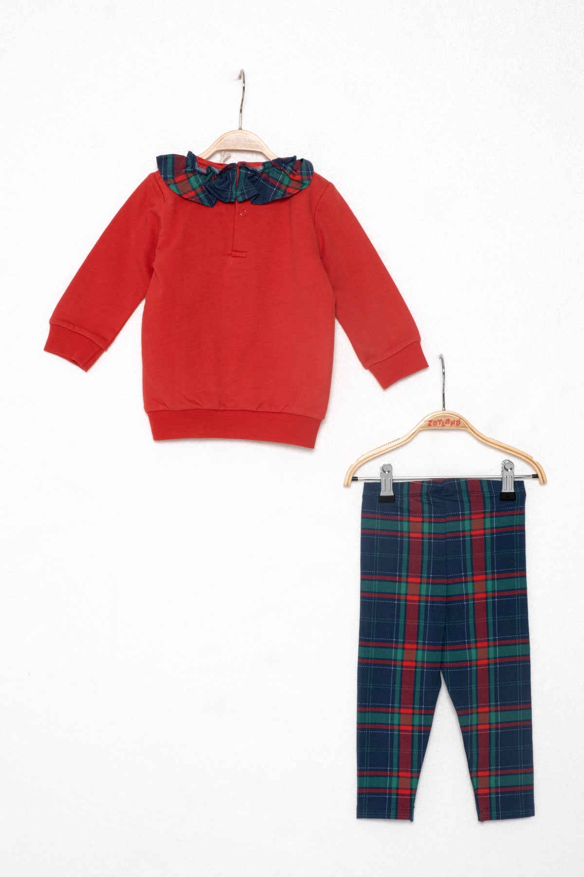 Kız Çocuk Kırmızı Ekoseli Sweatshirt ve Tayt Takım (9ay-7yaş)-1