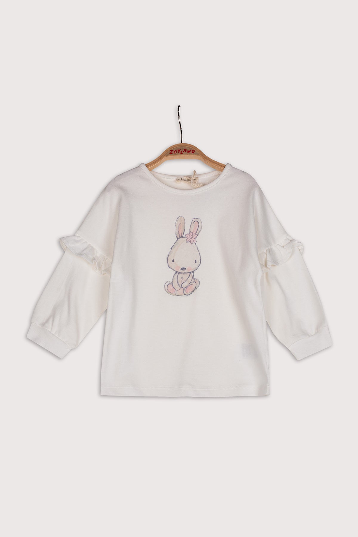 Kız Çocuk Tavşan Baskılı Kolları Fırfırlı Uzun Kollu T-Shirt (2-7yaş)-0