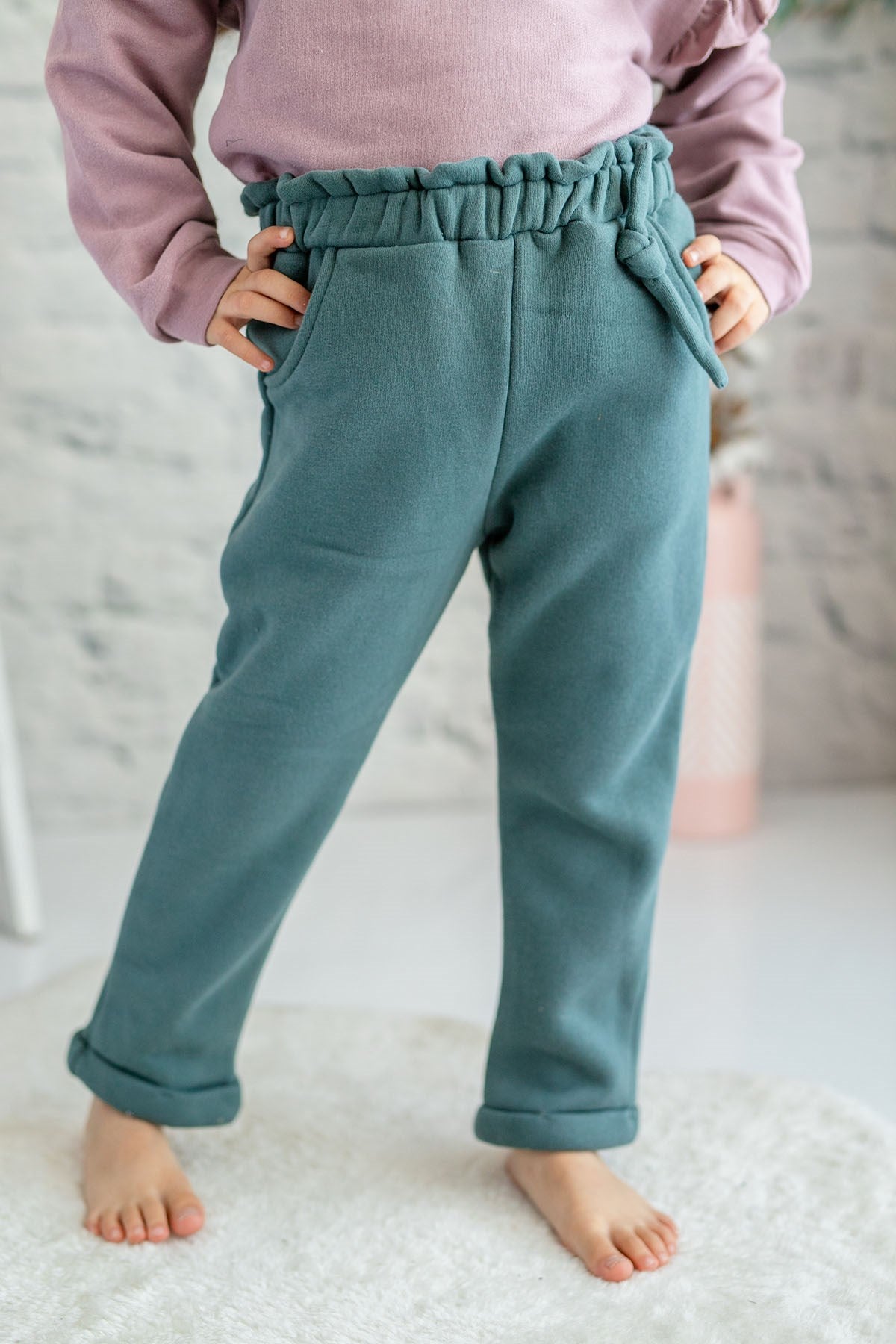 Kız Çocuk  Yeşil Şardonlu Esnek Bel Pantolon (2-7yaş)-0