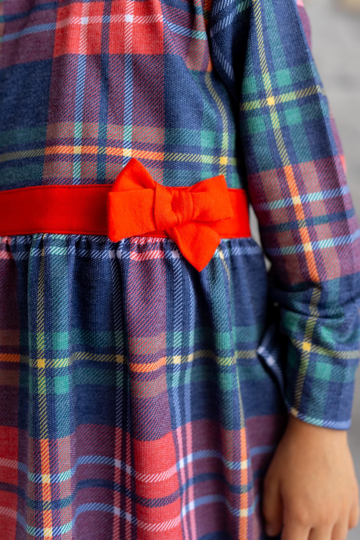 Kız Çocuk Ekose Desen Yılbaşı Temalı Elbise-1