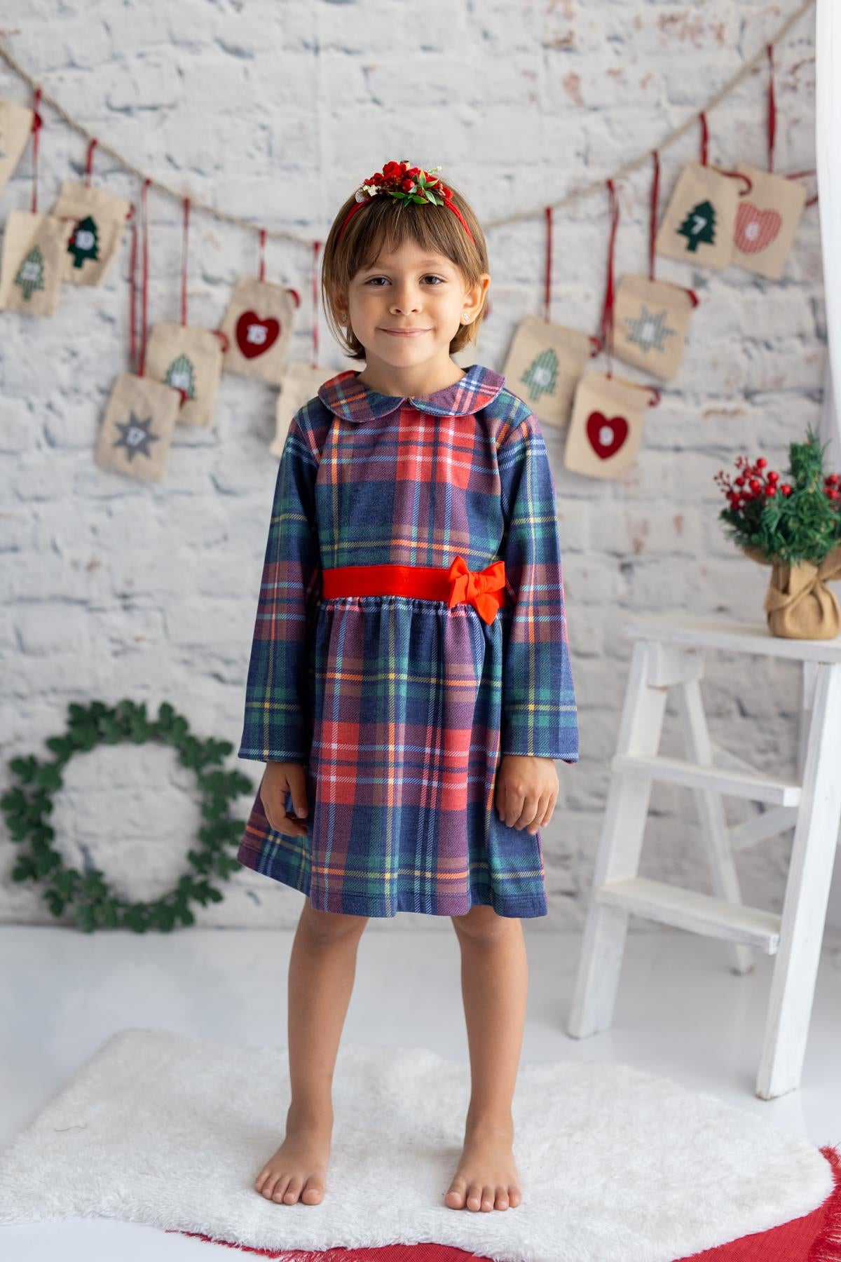 Kız Çocuk Ekose Desen Yılbaşı Temalı Elbise-0