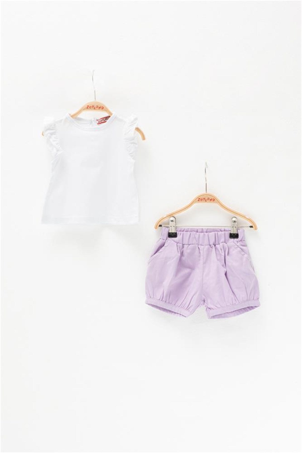 Kız Bebek Kolları Fırfırlı T-Shirt ve Cepli Şort Takım (3-36ay)-0