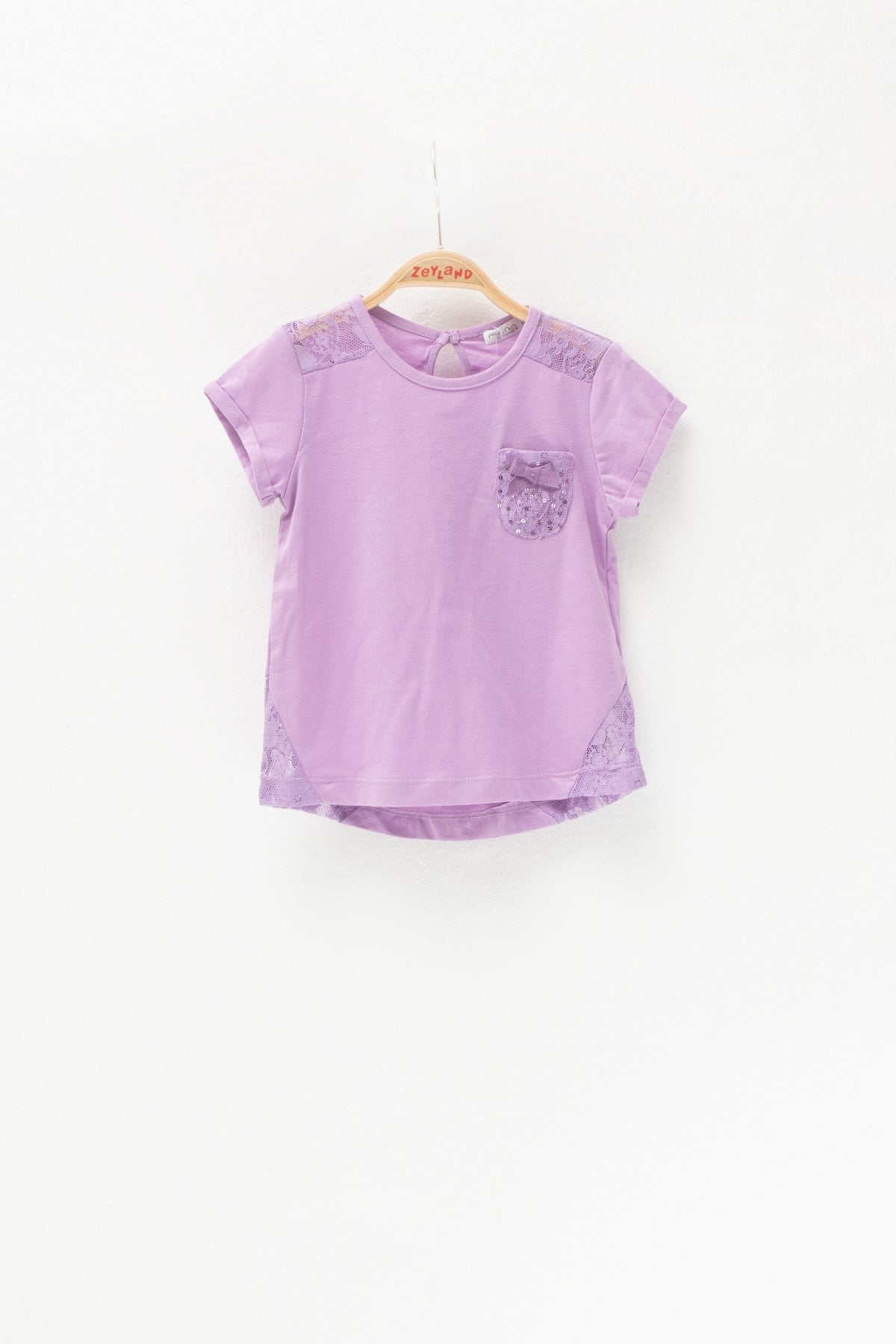 Kız Bebek Lila Dantel Parçalı ve Cepli T-Shirt (6ay-4yaş)-0