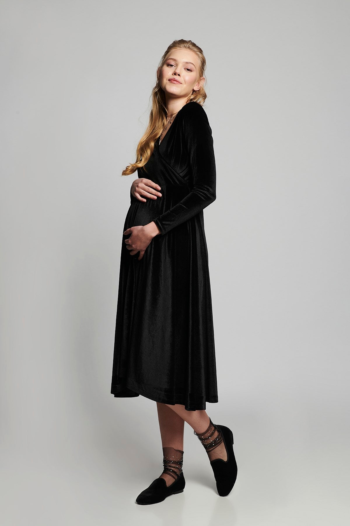 Hamile Lane Kadife Elbise - Siyah M3125 - Lohusa Sepeti
