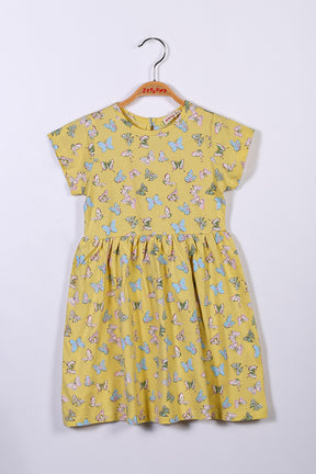 Kız Çocuk Sarı Kelebek Baskılı Elbise (4-12yaş)-0
