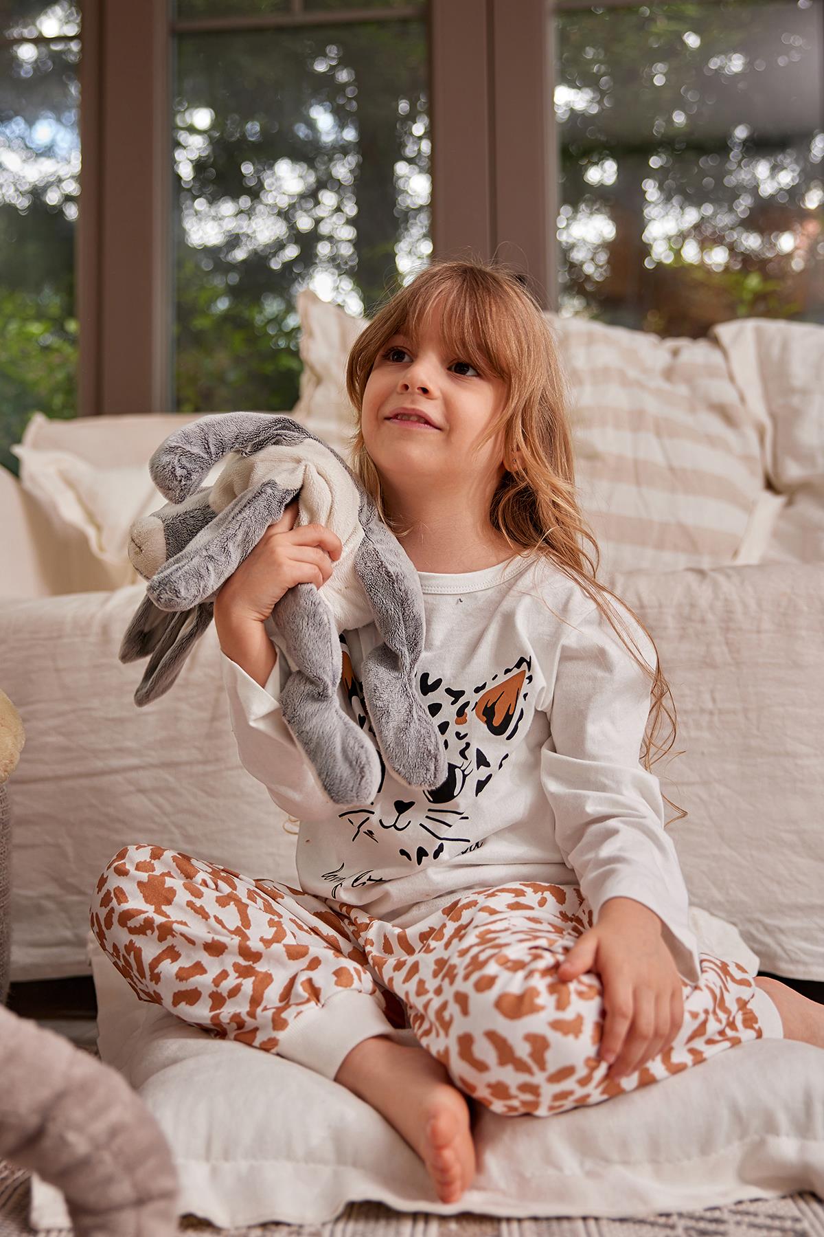 Kız Çocuk Kedi Baskılı Pijama Takımı-0