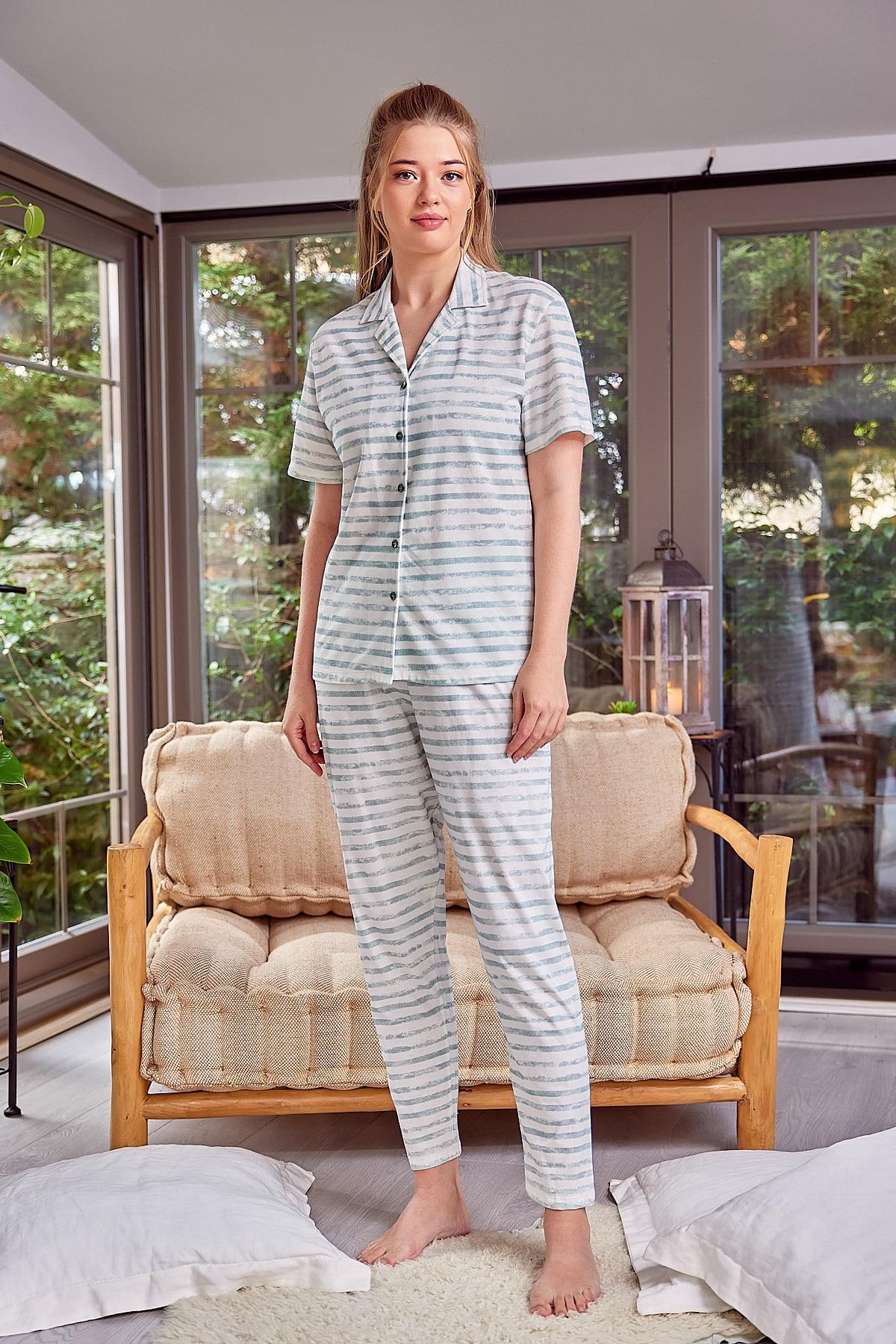 Kadın Düğmeli Kısa Kollu Pijama Takımı-0