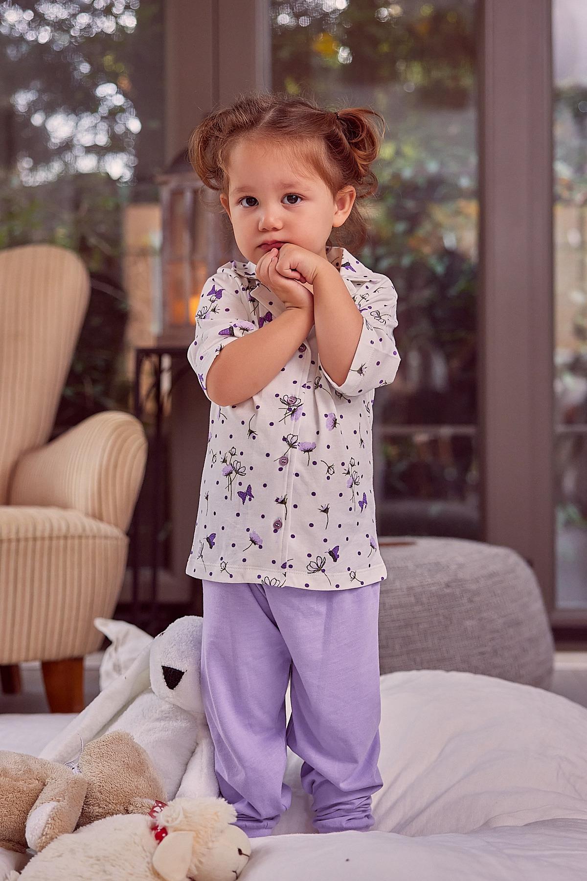 Kız Çocuk Düğmeli Kısa Kollu Pijama Takımı-1