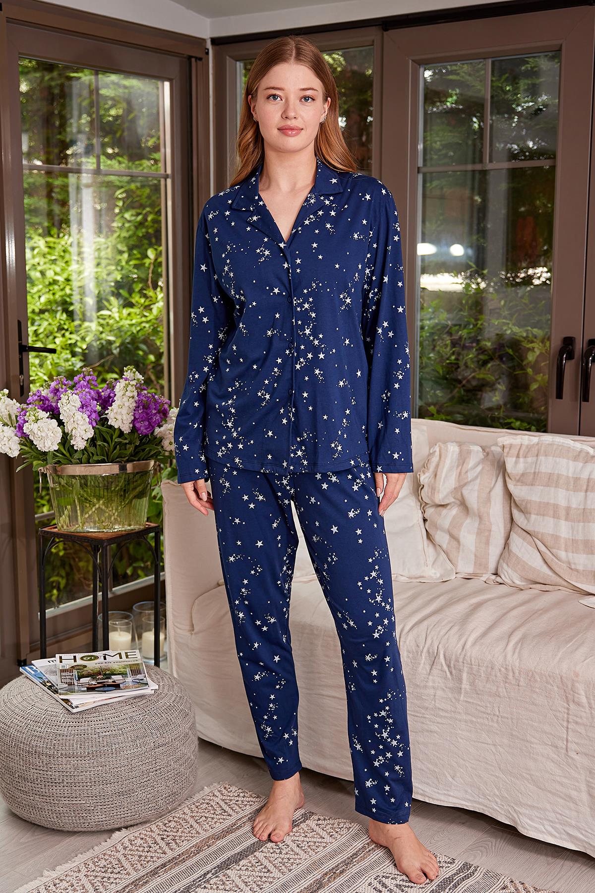 Kadın Gömlek Yaka Düğmeli Pijama Takımı-1