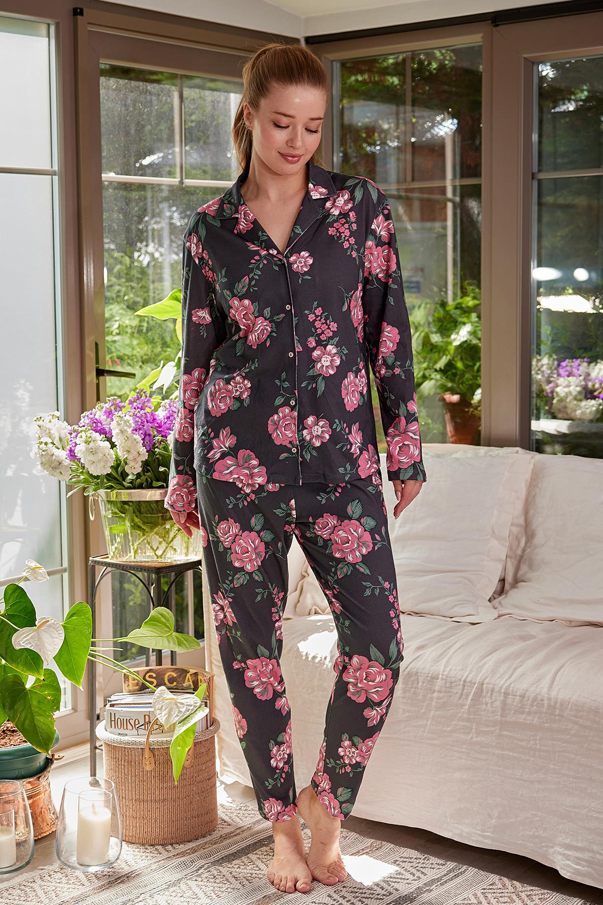 Kadın Gömlek Yaka Düğmeli Pijama Takımı-0