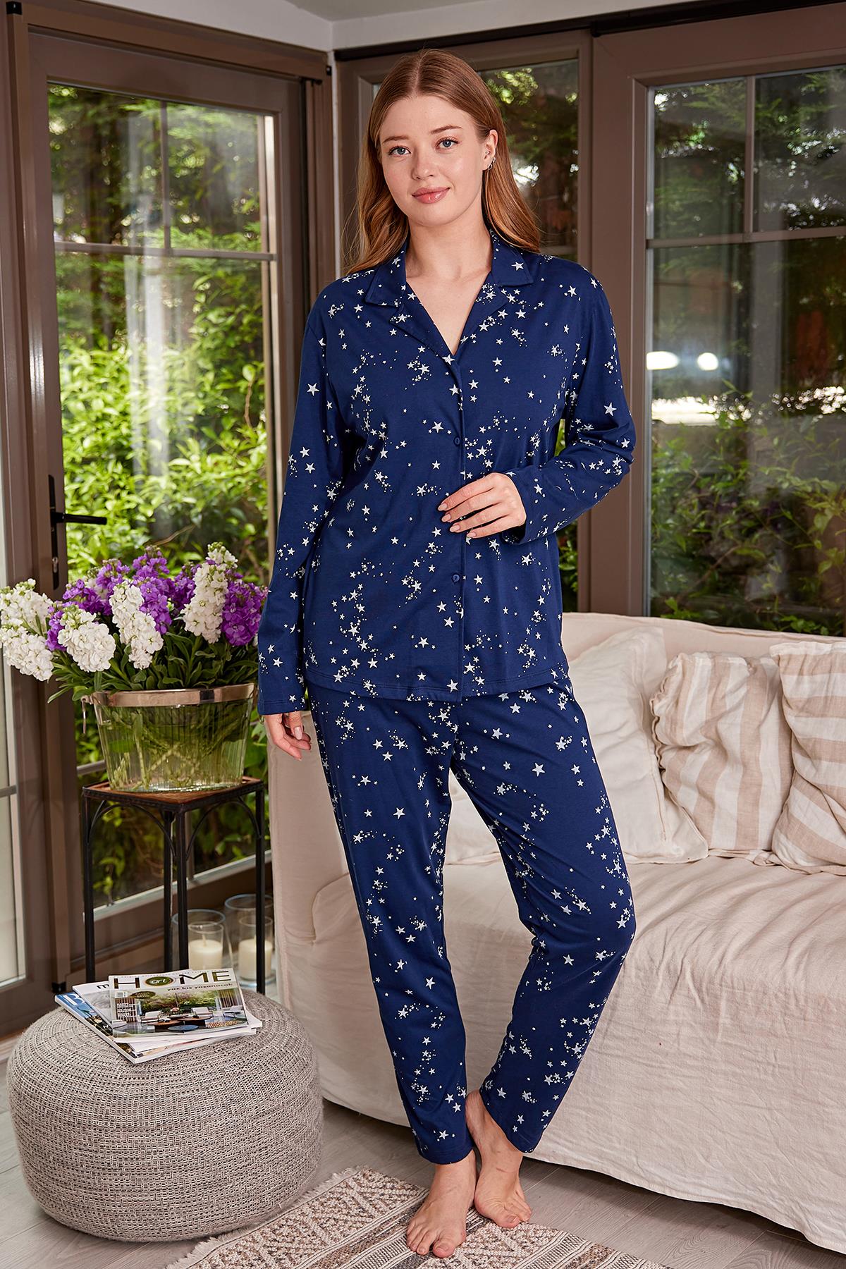Kadın Gömlek Yaka Düğmeli Pijama Takımı-0