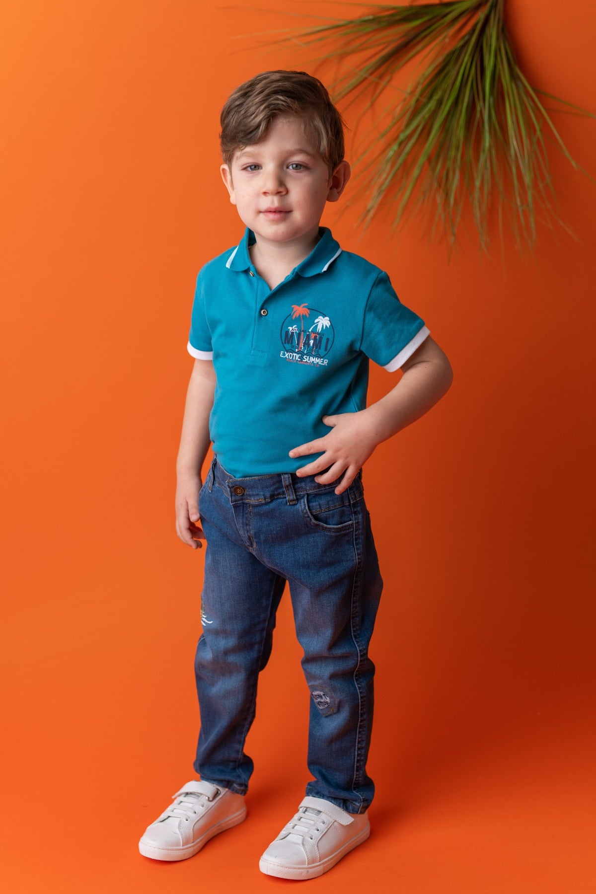 Erkek Bebek Mavi Palmiye Baskılı Polo Yaka T-Shirt (9ay-4yaş)-1