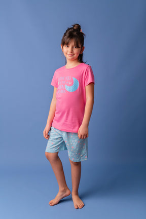 Kız Çocuk Pembe Moon Şortlu Pijama Takımı (5-12yaş)-1