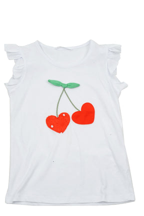 Kız Çocuk Beyaz Cherry Aplikeli T-Shirt (5-14yaş)-1