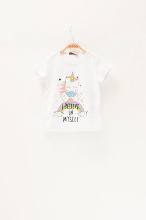 Kız Bebek Unicorn Baskılı Beyaz T-Shirt (2-7yaş)-0