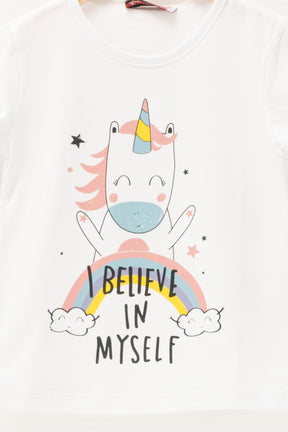 Kız Bebek Unicorn Baskılı Beyaz T-Shirt (2-7yaş)-1