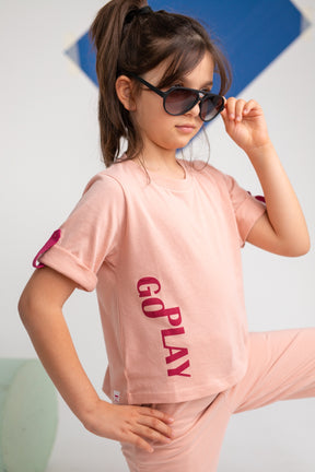 Kız Çocuk Go Play Baskılı Kolları Katlamalı Pudra T-Shirt (4-12yaş)-0